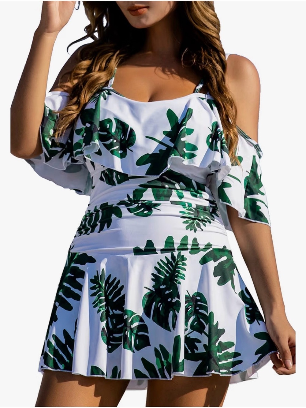 NWT COCOPEAR One Piece Skirted Swimsuit Size L White Green Tropical Leaf